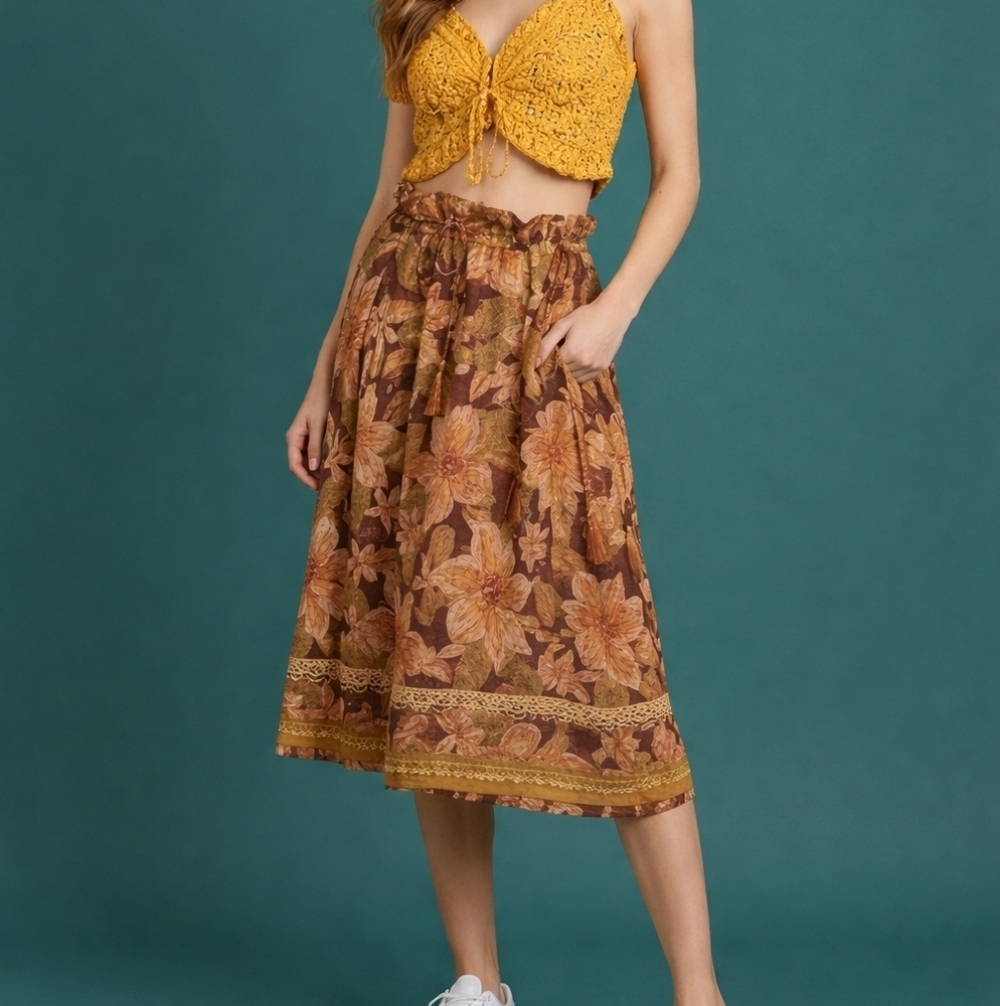 CYNTHIA STEFFE 1990s Floral Lace Paper Bag Tassel Boho Peasant Skirt